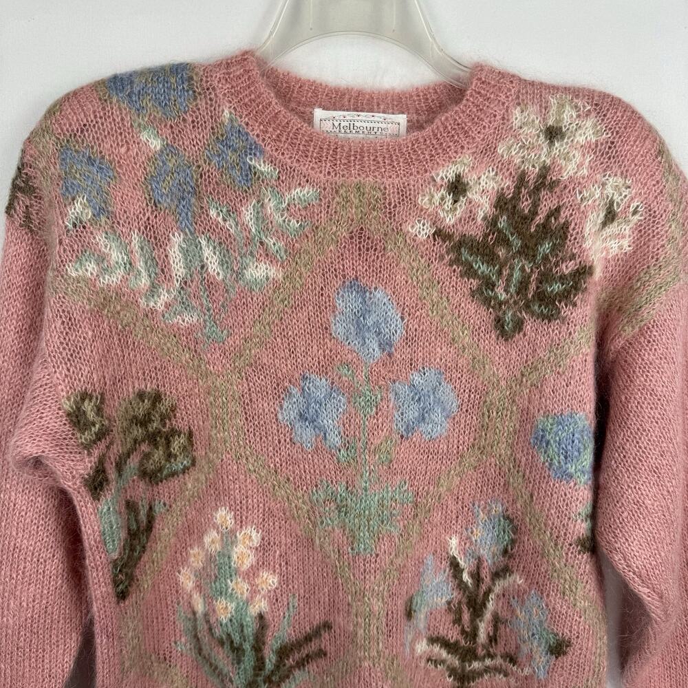 VTG Melbourne Elements Pink Floral Fuzzy Knit‎ Mohair Wool Sweater Women's Large - Picture 2 of 8